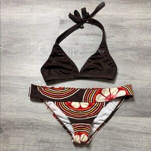 Roxy Dark Brown and Multicolor Bikini Set